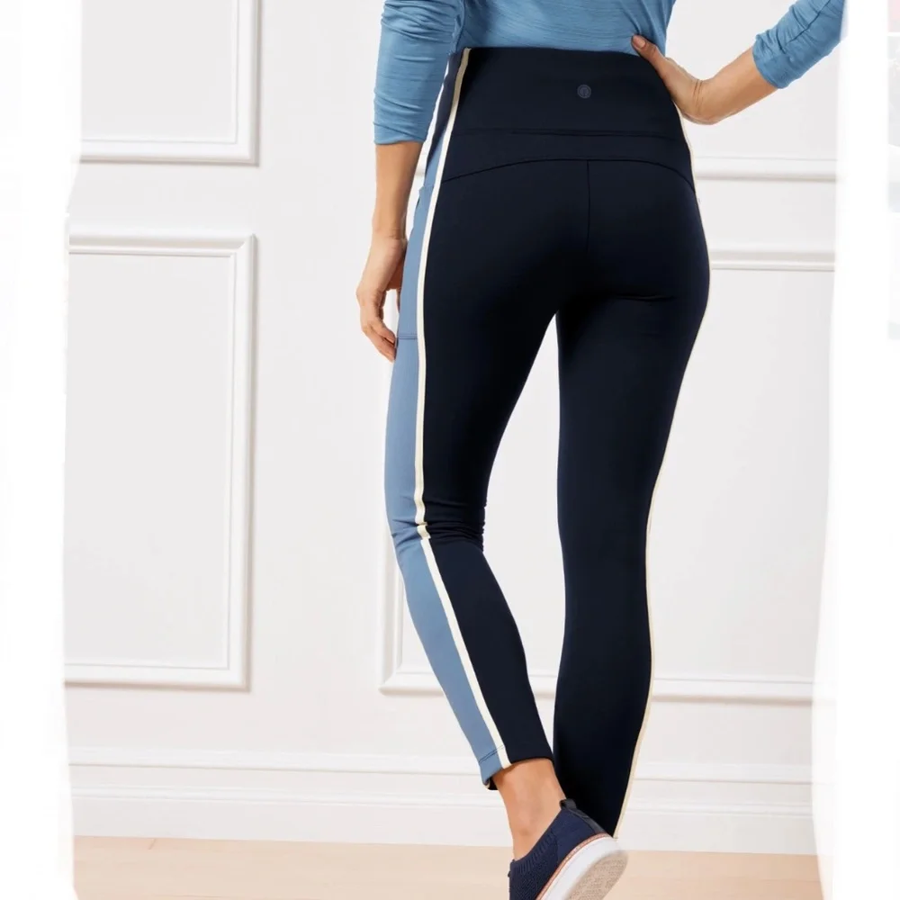 T By Talbots Indigo Blue Luxe Fleeceback Colorblock Full Length Leggings SizeXLP - Picture 3 of 11